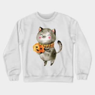 Spooky Halloween Cat - Cute Cat with Pumpkin Scarf Crewneck Sweatshirt